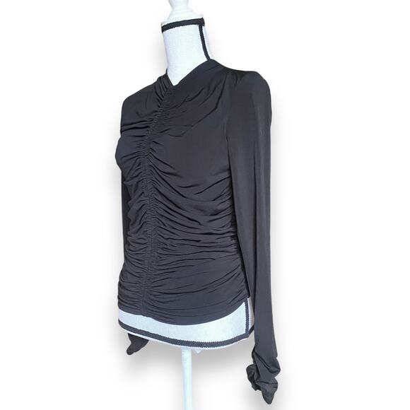 Rachel Parcell Ruched Soft Stretch Top Fits XS/S Black Long Sleeve High V Neck - Picture 4 of 11
